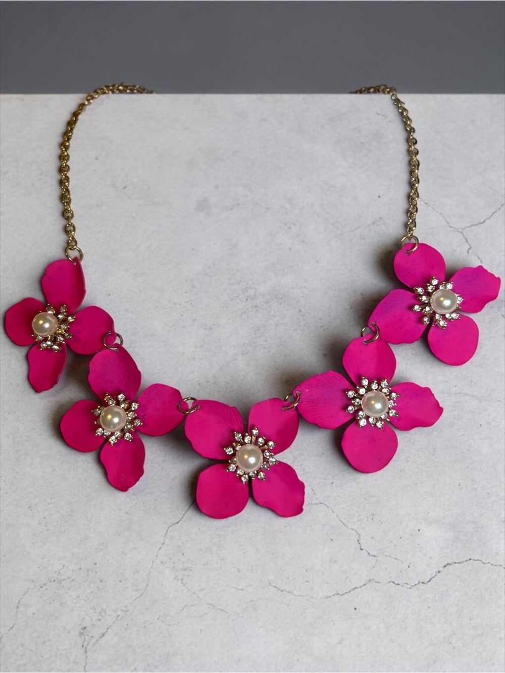 Gold Chain Pink Floral Pearl Statement Necklace - Women Jewelry